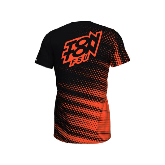 Ton Ton FSU 2025 Tech Tee – Black and orange performance shirt with a halftone gradient design and bold Ton Ton FSU logo on the back. Made from 100% polyester with fade-resistant, dye-sublimated graphics for durability and comfort